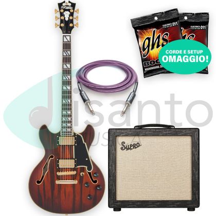 D'ANGELICO Bundle Deluxe Mini DC Satin Brown + Supro Amulet 10 + Reference Dammiuncavo 3,25mt 